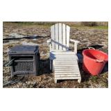 Hose reel, Adirondack chair & ottoman, & tub