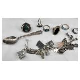 Charm Bracelet w/ 3 Sterling Charms & Rings