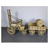 Brass Steam Engine & Cart w/ Barrel Overall 15' L