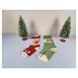 Christmas items old stockings 2 bottle brush trees