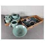 Green Bowls, Cups, Green Handled Flatware