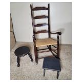 Rocker w/ Rush Seat & 2 small foot stool/Tables
