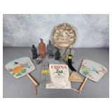 Worry Dynasty Plate, silk fans, metal chop sticks