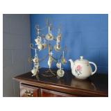 Teapot Gold Colored Tree & 16 Mini Teapots