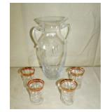 Etched flower vase & four small glasses