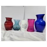 5 Colored Vases Red Blue Pink White