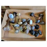 Box of vintage door knobs, glass, porcelain, metal