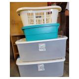 3 Plastic Storage Containers and laundry basket