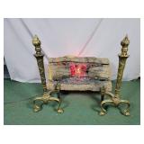 Electric fireplace logs & brass andirons