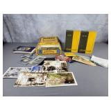 Stereophonic kits, cigar box full travel postcards