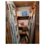 Contents of closet, pie molds, aluminum ladders