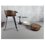 Vintage Bunsen burner and copper pots