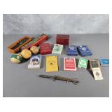 Box of vintage games with cards, dominos, flinch
