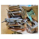 Box of C clamps and a jewelers Anvil