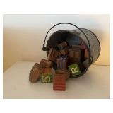 Kids toy blocks and bucket