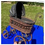 ANTIQUE BABY DOLL STROLLER - LEATHER CANOPY WICKER