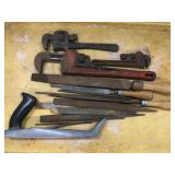 Tray Lot of Files, Pipe Wrenches