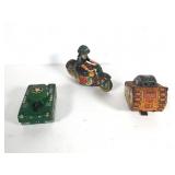 (3) Tin Litho Military Toys, Tanks, MP on Bike