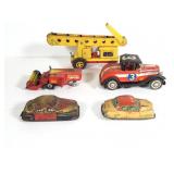 (5) Tin Litho Cars, Crane, Combine