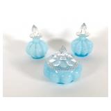 (3) pcs Fenton Blue Overlay Vanity Set