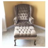 Brown Velvet Wing Back Chair with Ottoman