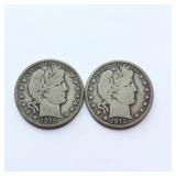 2  1915-S & 1915-D Barber Silver Half Dollars