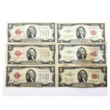 6 U.S. $2 Red Seal Notes ï¿½1928F, 1928G, 1953 & 53A