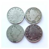 4 ï¿½ 1893, 1899, 1911 & 1908 Liberty Head V Nickels
