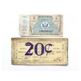 1943 USAFFE 20 Centavos & U.S. 5ï¿½ Military Payment