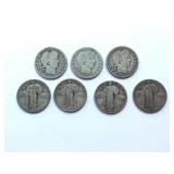 7 Early U.S. 90% Silver Quarters ï¿½Barber & Liberty