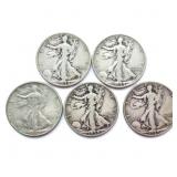 5 Walking Liberty Silver Half Dollars