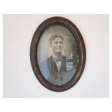 Antique Oval Tiger Wood Frame w/ Bubble Glass