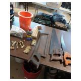 3 Hand Saws and Brass Drawer Pulls