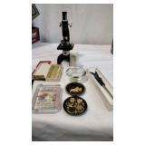 Vintage microscope and supplies