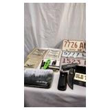 Old Timers lot, 3 Ohio license plates, almanacs