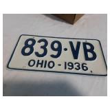 1936 Ohio License Plate, Single