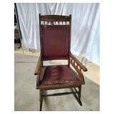 Vintage Wood Rocker With Leather Seat and Back.