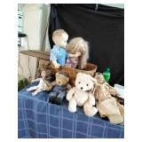 Woven Sewing Basket with Dolls and Bears.
