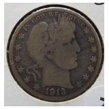 1913-S Barber Silver Half Dollar.