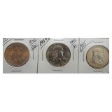 (3) UNC/BU Franklin Silver Half Dollars. Dates: