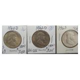 (3) Franklin Silver Half Dollars. Dates: (2)
