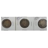 (3) Barber Silver Quarters. Dates: 1893, 1895-S,