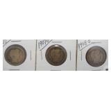 (3) Barber Silver Quarters. Dates: 1907, 1907-O,