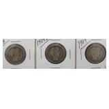 (3) Barber Silver Quarters. Dates: 1908, 1908-D,
