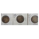 (3) Barber Silver Quarters. Dates: 1909, (2) 1911