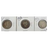 (3) Barber Silver Quarters. Dates: 1911, (2) 1912