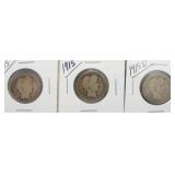 (3) Barber Silver Quarters. Dates: (2) 1915,