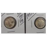(2) BU/UNC/FSB Mercury Silver Dimes. Dates: 1937,