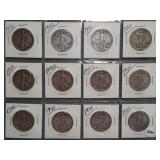 (12) Walking Liberty Silver Half Dollars. Dates: