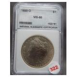 1899-O Morgan silver dollar. NNC MS-66.